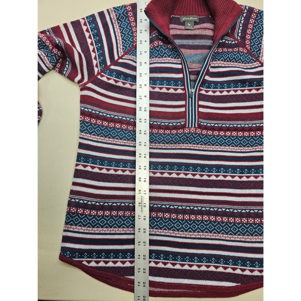 Eddie Bauer Womens Small Fair‎ Isle Quarter Zip Pullover Sweater Burgundy Blue - Picture 6 of 7